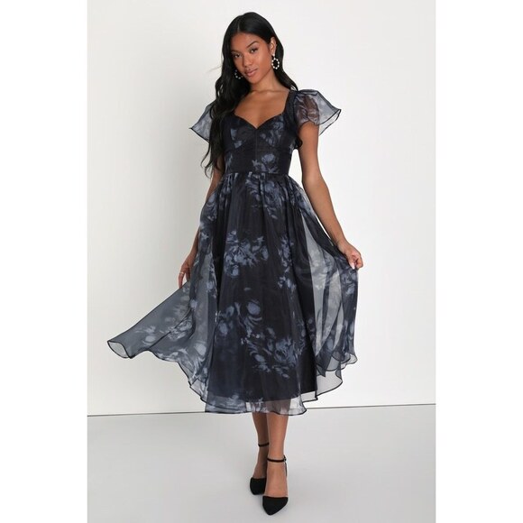 Lulus Dresses & Skirts - Lulu's Navy and Black Floral Chiffon Midi Dress